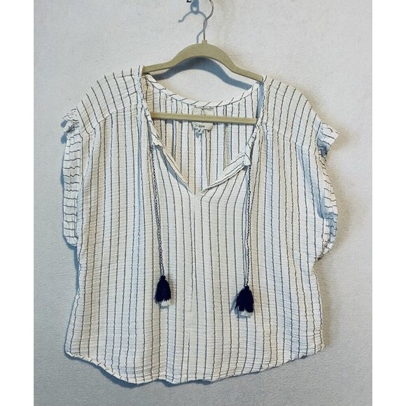 Joie Top Womens Large Striped Tassel Tie Neck Ruffle Gauzy Boho Beachy Boxy - Picture 1 of 7